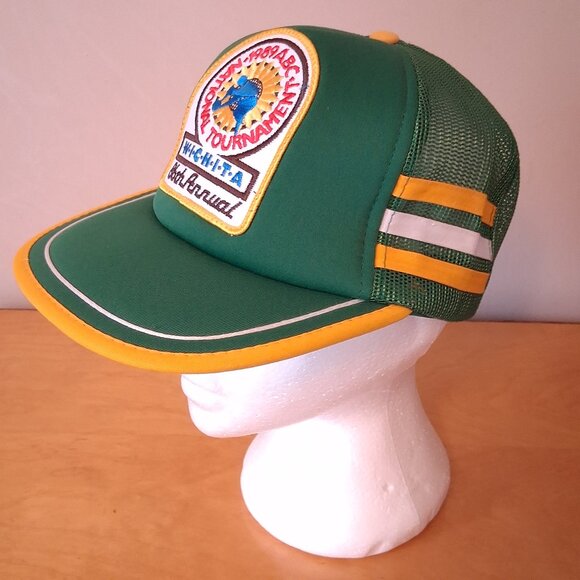 Vintage 1989 ABC National Bowling Tournament Wichita Green 3 Stripe Trucker Hat - Picture 2 of 12
